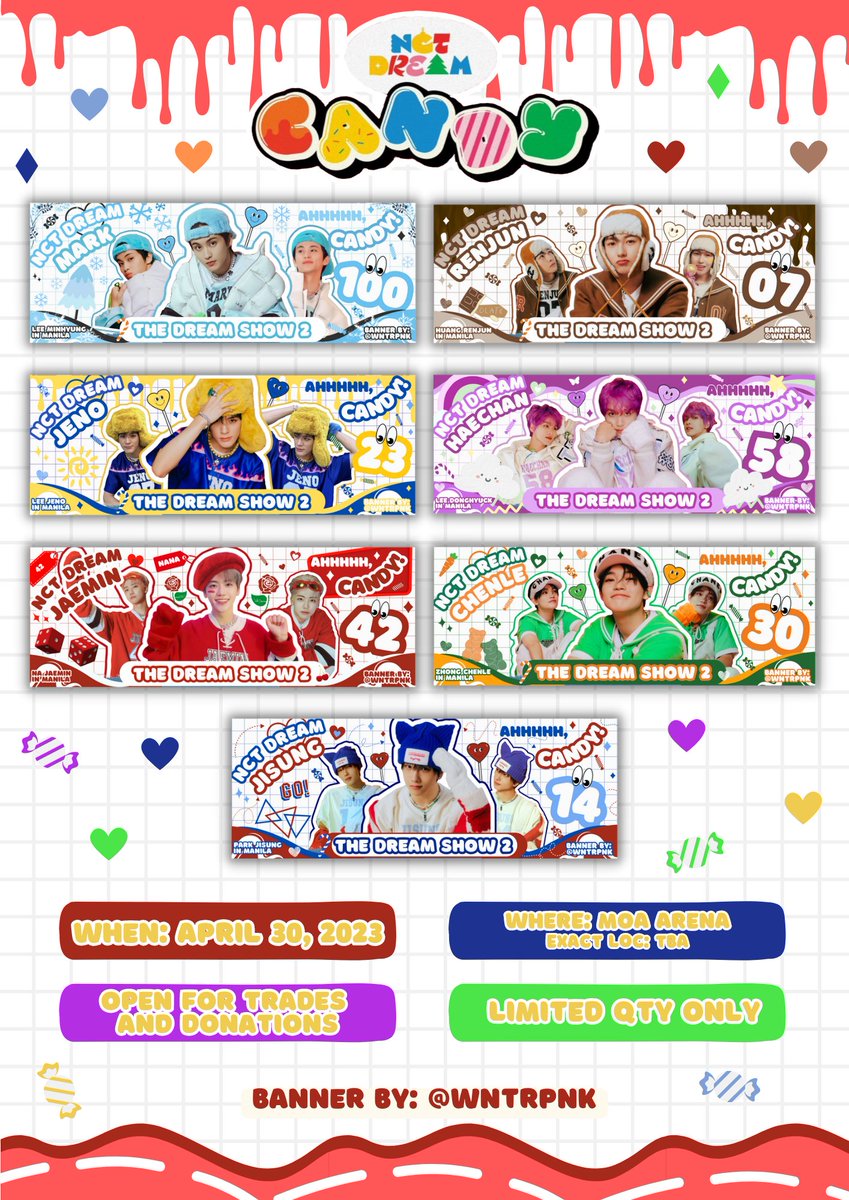 💌 The Dream Show 2 in Manila
⤷ Fan support by <a href="/wntrpnk/">roze</a>

AHHHHH, CANDY! 🍬🍭

Hello, DREAMZENS! I'll be giving away Mark, Renjun, Jeno, Haechan, Jaemin, Chenle, and Jisung hand banners on d-day! ❤️

🗓️ April 30, 2023
📍 Exact loc TBA

#THEDREAMSHOW2_in_MANILA #TDS2inMNL

1/3