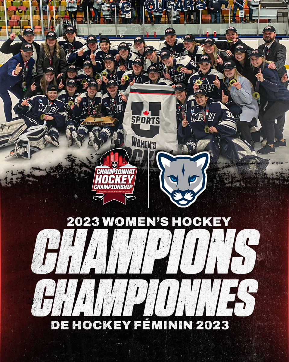 The <a href="/MRUCougars/">Mount Royal Cougars</a> are your 2023 U SPORTS Women’s Hockey Champions for the first time in program history!

🥇 <a href="/mruwhockey/">MRU Women's Hockey</a> 
🥈 <a href="/The_Stingers/">Concordia Stingers</a> 
🥉 <a href="/ubctbirds/">UBC Thunderbirds</a> 

#ChaseTheGlory #ViserHaut