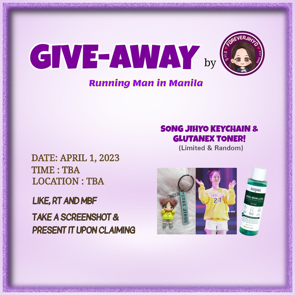 foreverjihyo's tweet photo. #RunningManInManila Song Jihyo chibi keychain and Glutanex toner give-away (random and limited quantity only) from Foreverjihyo on April 1.

✓ follow @foreverjihyo
✓ like and rt

The location where to claim will to be announced.

#송지효 #SongJiHyo #宋智孝 #ソンジヒョ https://t.co/LiHgS14OMA