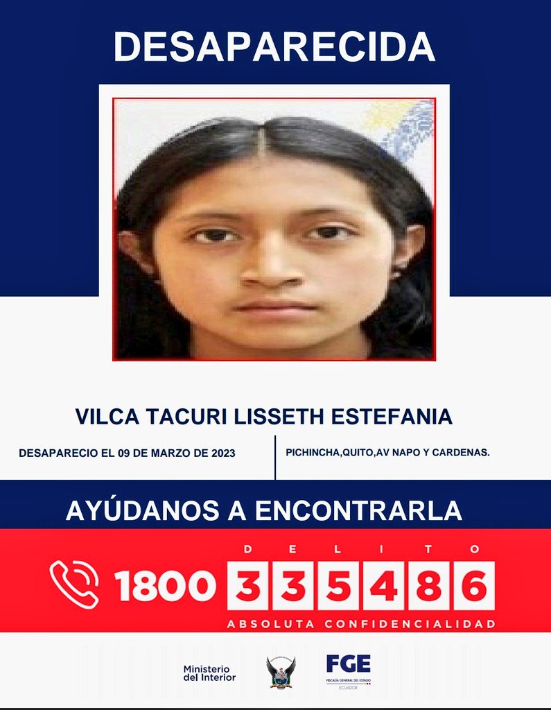 carlosoporto's tweet photo. Sí tienen información contactarse con @PoliciaEcuador 1800-335486

🔹Lisseth Vilca, desapareció 9 de marzo #Quito
🔹Erika Carbajal, desapareció el 17 de marzo #Cuenca
🔹Gabriela Allan, desapareció 17 de marzo #Chambo
🔹Mercedes Ayora, desapareció 18 de marzo #Cuencs https://t.co/ALaMuTPbEE