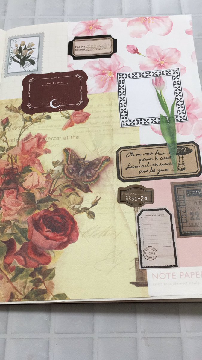 今日のコラージュ、桜のデザペ春らしくて綺麗使ってみました。JANUARYnineさんの切手風のシールやピンク系の素材海外素材も使いました。😃
#コラージュノート#コラージュ好きな人と繋がりたい