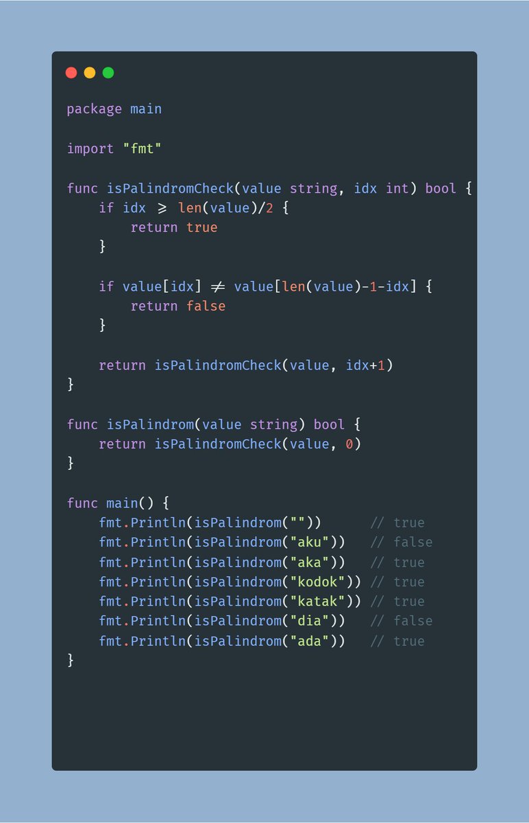 learniNdi's tweet image. palindrome check using recursion

#learngo