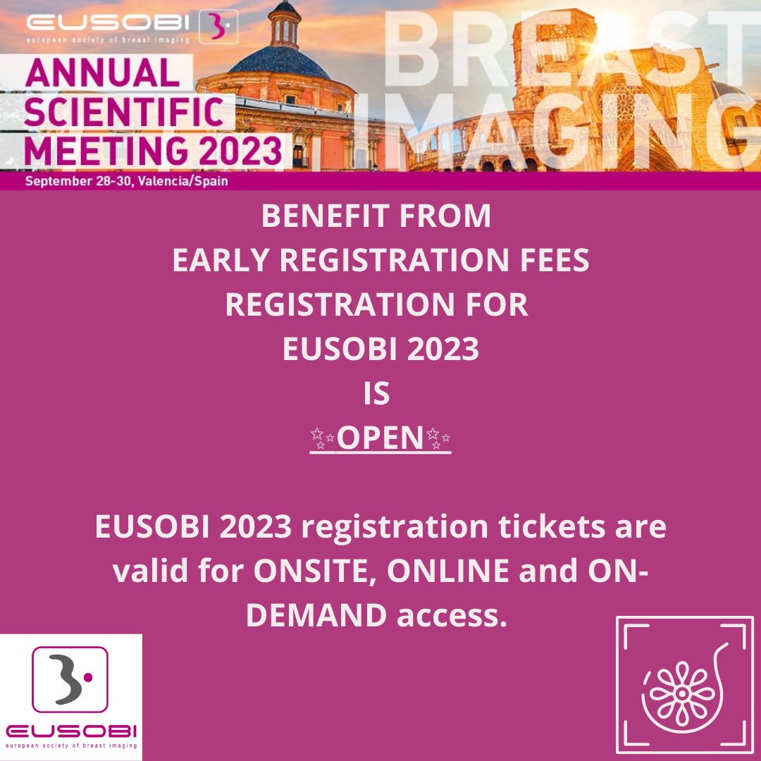 EUSOBIyc's tweet photo. EUSOBI 2023
SEPTEMBER 28-30 | VALENCIA, ES 🇪🇸
📣CALL FOR ABSTRACTS📣
ABSTRACT SUBMISSION IS OPEN UNTIL MAY 15 (23:59 CEST)⏰
BENEFIT FROM EARLY REGISTRATION FEES🏃♀️🏃🏻♂️
💐REGISTRATION FOR EUSOBI 2023 IS OPEN
#congress #EUSOBI2023 #eusobi #radiologist #EYC #valencia #spain #CME https://t.co/6mRnUcRagB