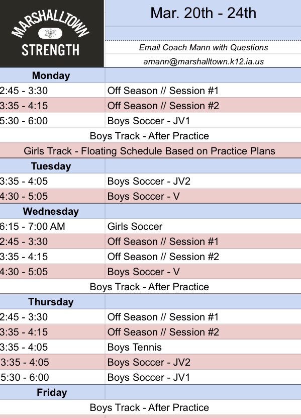 Weight room schedule for this first week back from break!