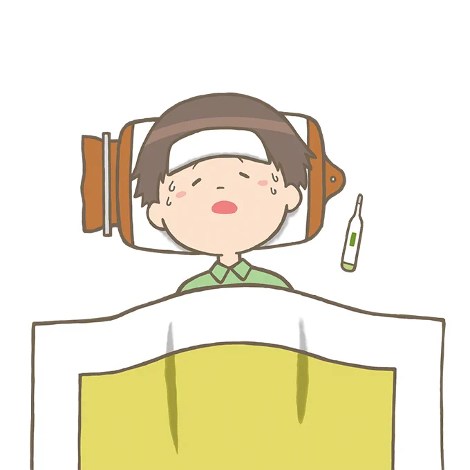 発熱のため、布団で横になっている男性のイラストです。氷枕や濡れタオルを額にあて、 熱を冷まそうとしています。   #フリーイラスト#フリー素材#看護師イラスト集看護師イラスト集熱がある男性のイラスト  