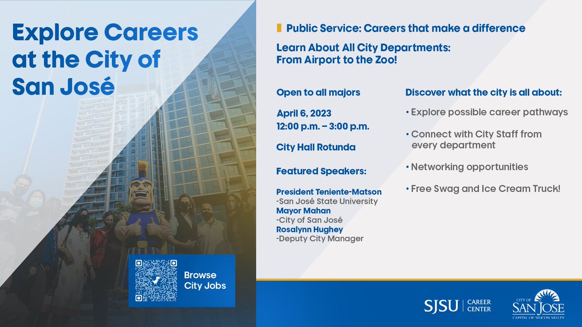 ThaliaAnagnos's tweet photo. Save the date!  April 6 - Explore Careers at the city of San Jose. Lots of opportunities for jobs and internships.
@sjsu @discoversjsu https://t.co/IBNrSK0YiS