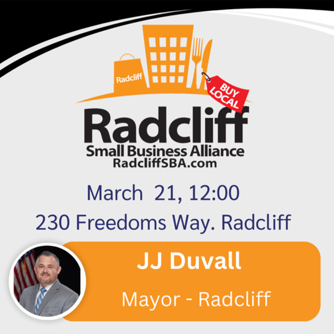 RadcliffSBA's tweet photo. Radcliff Small Business Alliance will host Mayor Duvall of Radcliff, Mayor Ogden of Vine Grove, Mayor Ciresi of West Point, and Mayor Gregory of Elizabethtown at our monthly meeting on Tuesday, March 21st at 12:00PM. Membership is not required to attend. https://t.co/SRYwC45T34