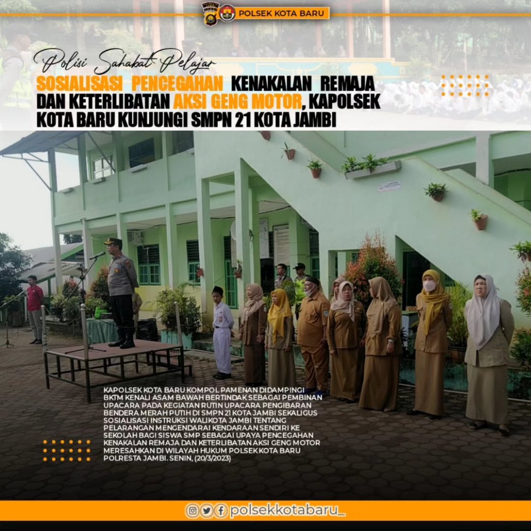 no_commentlah's tweet photo. Kapolsek Kota Baru Kompol Pamenan bertindak sebagai pembina upacara pada kegiatan rutin upacara pengibaran bendera merah putih di SMPN 21 Kota Jambi sekaligus sosialisasi instruksi walikota jambi tentang pelarangan mengendarai kendaraan sendiri ke sekolah bagi siswa smp https://t.co/smwyf9iY01