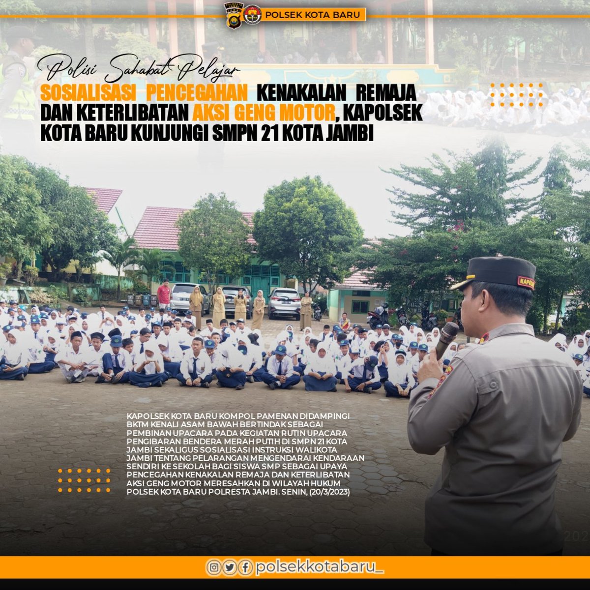 no_commentlah's tweet photo. Kapolsek Kota Baru Kompol Pamenan bertindak sebagai pembina upacara pada kegiatan rutin upacara pengibaran bendera merah putih di SMPN 21 Kota Jambi sekaligus sosialisasi instruksi walikota jambi tentang pelarangan mengendarai kendaraan sendiri ke sekolah bagi siswa smp https://t.co/smwyf9iY01