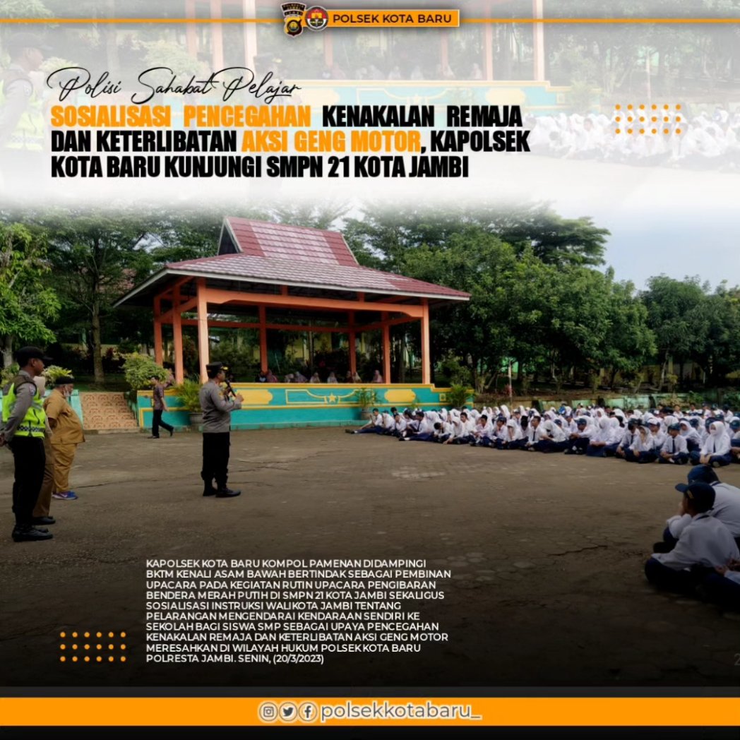 no_commentlah's tweet photo. Kapolsek Kota Baru Kompol Pamenan bertindak sebagai pembina upacara pada kegiatan rutin upacara pengibaran bendera merah putih di SMPN 21 Kota Jambi sekaligus sosialisasi instruksi walikota jambi tentang pelarangan mengendarai kendaraan sendiri ke sekolah bagi siswa smp https://t.co/smwyf9iY01