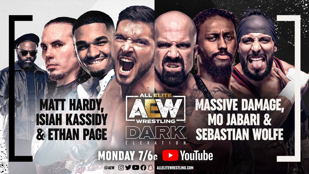 AEW's tweet photo. Watch #AEWDarkElevation TONIGHT at 7/6c!
▶️ https://t.co/lBSV4sbNf9
- @MATTHARDYBRAND, @IsiahKassidy, &amp; @OfficialEGO vs. #MassiveDamage, @KidChocolateMJ , &amp; @SebWolfePRO 
-  @Skyebyee vs. @TFAwrestling 
- @TopFlight612 vs. @teamflexappeal &amp; @shaun_moore3 https://t.co/mwxAIXHlgr