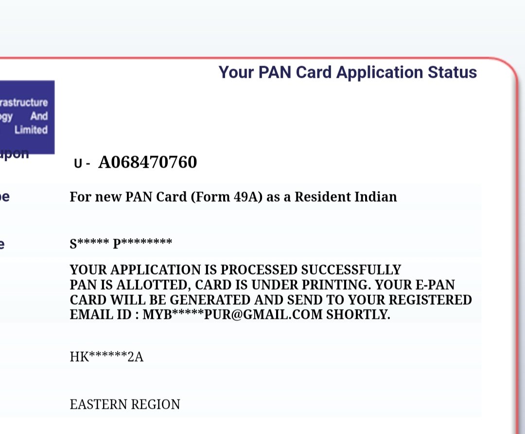 DEAR SIR ,
E PAN CARD NOT Recived Since 4 days same  status reason.
Same problem also face in other VLE.
Please check this matter asap. <a href="/UTIPANServices/">UTIITSL-PANCardServices</a>