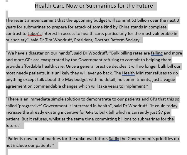 Submarines yes, Bulk billing patients so they can access health care, no. Medicare will have to wait for the budget. Bulk billing rates falling as 'defence' rises. drs.org.au/media_releases… <a href="/AusHealthReform/">AHCRA</a> <a href="/MelissaSweetDr/">Melissa Sweet</a> @Sue_Dunlevy @