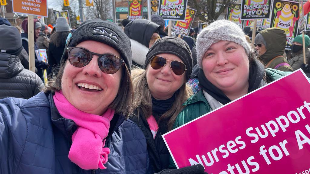 4angiepreocanin's tweet image. Today @ontarionurses proudly march along side in support for #StatusForAll. Fair treatment and stop the unfair conditions of migrant workers #onpoli #fairwages #standupfightback