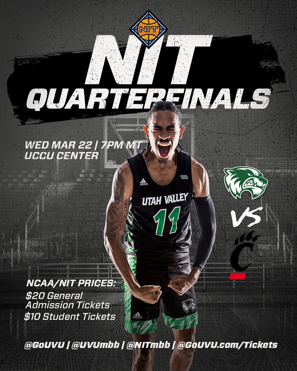 UVU's tweet image. ‼️WOLVERINE FANS‼️ We will host the NIT quarterfinals THIS Wednesday at 7 p.m. in the UCCU Center! Tickets go live tomorrow at 10 a.m! Help us PROTECT THE DEN by coming and cheering on @UVUmbb as we take on the Cincinnati Bearcats! 

engage.uvu.edu/42rpbQk 

#UVUhoops #NIT2023
