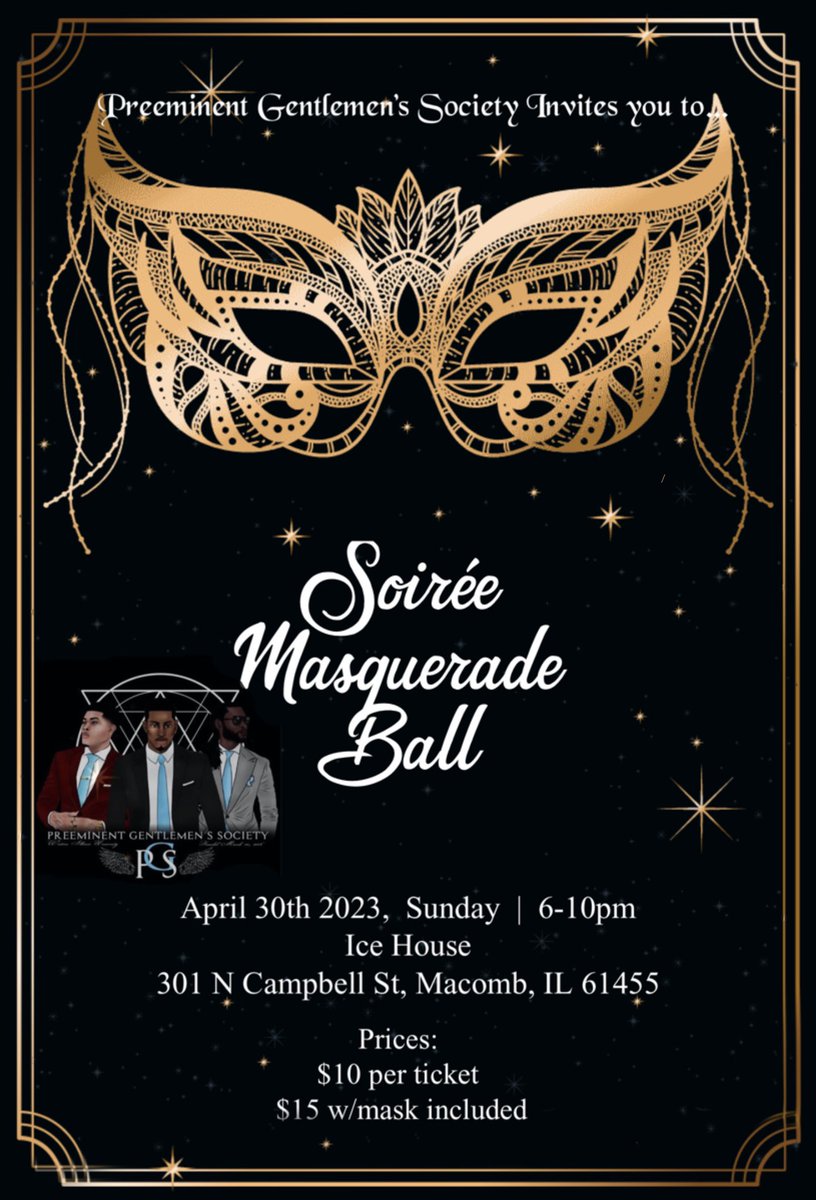 🎭𝖔𝖓𝖈𝖊 𝖞𝖔𝖚 𝖕𝖚𝖙 𝖙𝖍𝖊 𝖒𝖆𝖘𝖐 𝖔𝖓, 𝖙𝖍𝖊 𝖋𝖚𝖓 𝖇𝖊𝖌𝖎𝖓𝖘🎭

Come April 30th ! To The Preeminent Gentlemen Society-PGS Soiree! Come dressed to impressed and put on yo sunday best!

Link to the tickets down below⬇️

eventbrite.com/e/soiree-masqu…