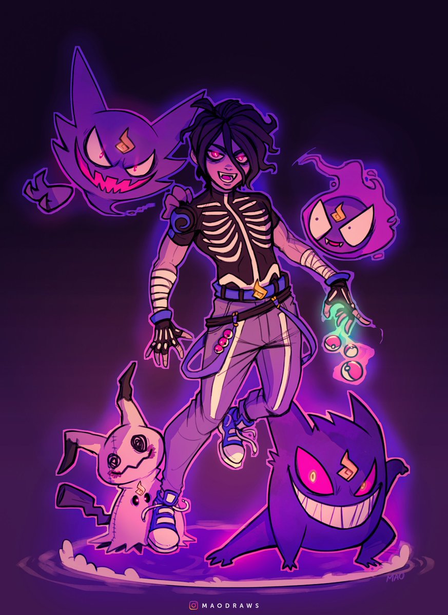 MaoDraws's tweet photo. In 2021, @obsidianabnormal held an art contest on his @twitch channel.
The topic was to draw yourself as if you were a part of a video game world.
I drew myself as a Ghost Pokémon gym leader. 
Those are my all time favorite #Pokemon 
#haunter #gastly #gengar #mimikyu #trainersona https://t.co/hDdwAuLyxo