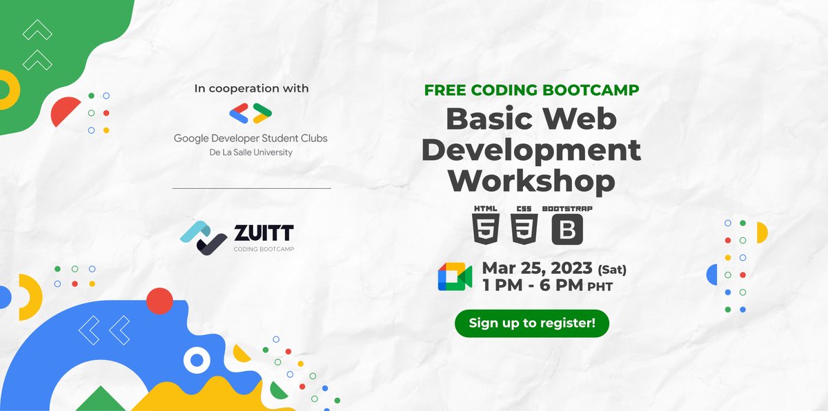 zuittco's tweet image. Join our Basic Web Development Workshop on March 25!

👋 Register here: codenow.zuitt.co/FCBMar25Regist…

 🔍Event Details:
 💻 Basic Web Development Workshop
 🗓️ March 25, 2023 (Saturday)
 🕐 1:00 PM - 6:00 PM PHT

#Zuitt #FreeCodingBootcamp #GoogleDevelopersStudentClub