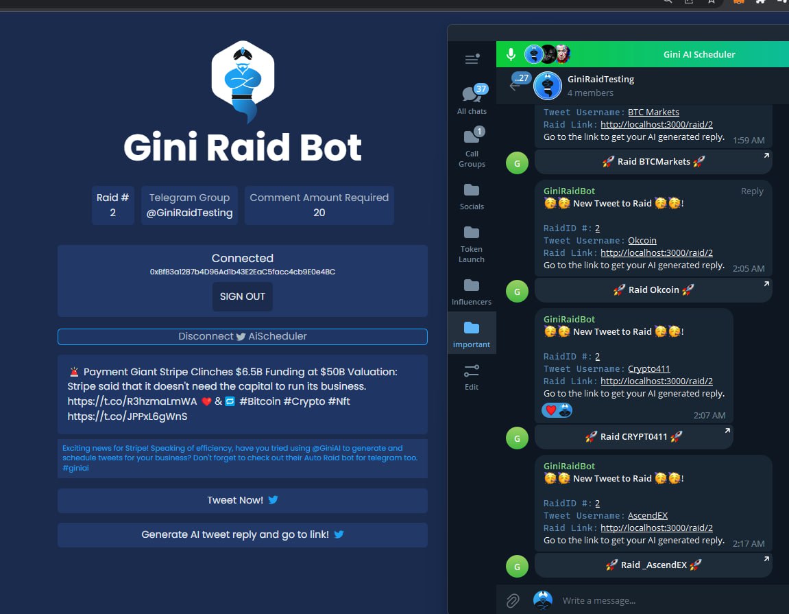 rskydesigns's tweet image. The Alpha build of Gini Raidbot is now complete! The bot will #automatically generate replies to tweets and use the deposited ETH to #buyback  and split the tokens it bought between the users that raided and #burn the remaining!👀🔥🚀