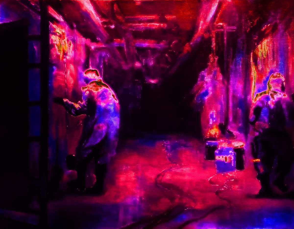 PDcafargo's tweet photo. Clean-up unit in filter-lit backrooms: variations. Part of the 'Long Emergency' series. Acrylic on canvas, scanned & modified with 2d filters 2023.
#art #painting #studioart #digitalart #2d #cafargo #longemergency #jameskunstler @jhkunstlerpaint #filterforge https://t.co/seijG7BcsA