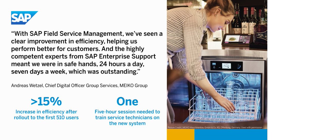 lynnbannerman1's tweet image. MEIKO Maschinenbau GmbH &amp;amp; Co. KG partnered with #SAP Field Service Management and #SAPEnterpriseSupport to harmonize processes for better service. 

Thanks to one standardized, intuitive system, a 15% efficiency boost was realized. Well done! 🤝🎉 

📖 imsap.co/60163A7lE