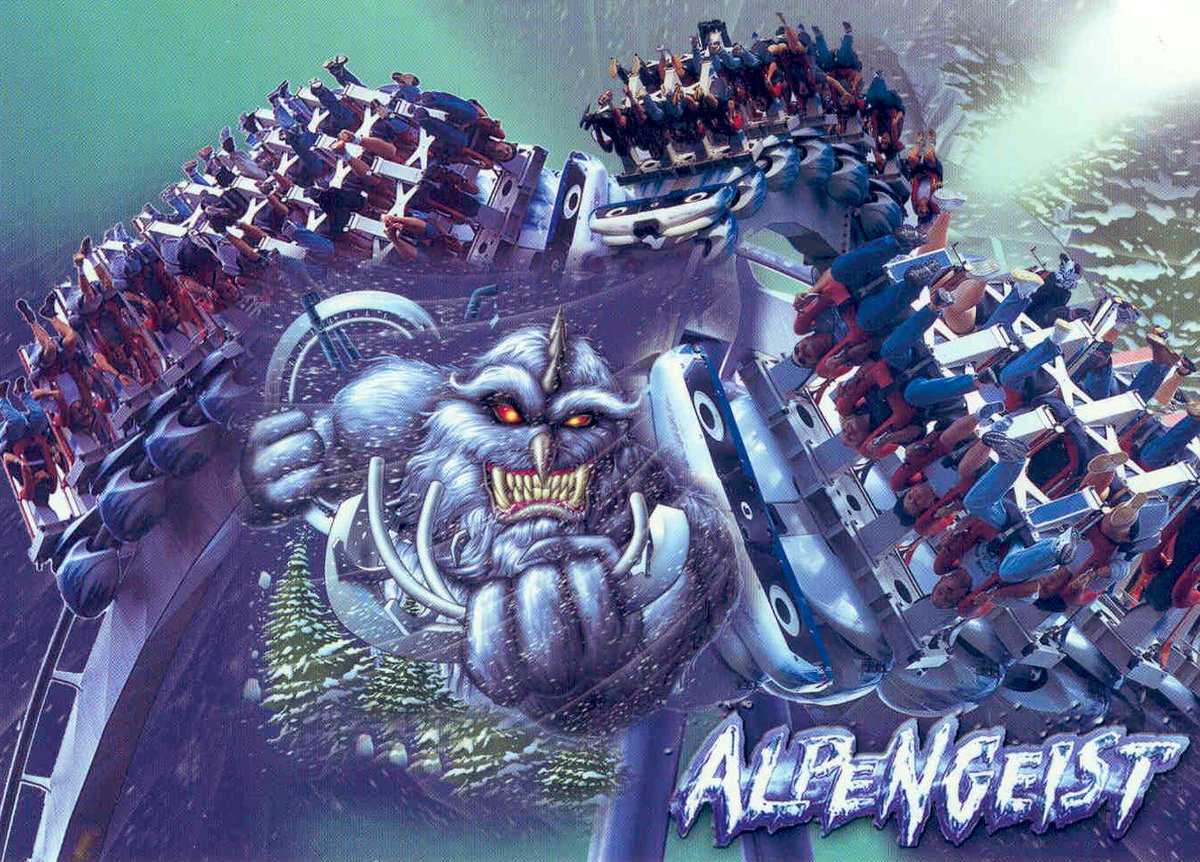 CathodeCoaster's tweet photo. thinkin bout that era of “extreme” theme park marketing in the 90s/00s when every single attraction had some scary ass monster ripping up the track and a slogan that essentially amounted to “you will not survive” like I think parks today are really missing that threat of death https://t.co/jwbSZ85uVi