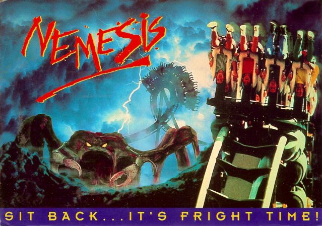 CathodeCoaster's tweet photo. thinkin bout that era of “extreme” theme park marketing in the 90s/00s when every single attraction had some scary ass monster ripping up the track and a slogan that essentially amounted to “you will not survive” like I think parks today are really missing that threat of death https://t.co/jwbSZ85uVi