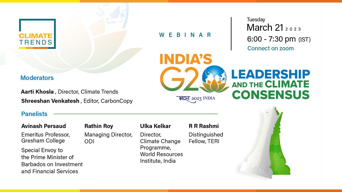 ClimateTrendsIN's tweet photo. 📢📢
Register for a discussion on India's #G20 Presidency being a chance to accelerate #energytransition and advocate #climatejustice 👉 https://t.co/cXfwAofjUk

📅 Tue, Mar 21, 6 pm IST
🗨️ @EmergingRoy, @AvinashPersau15, @UlkaKelkar, &amp; RR Rashmi, with @a_khosla and @shreeshanV https://t.co/uVF12f1ZUX