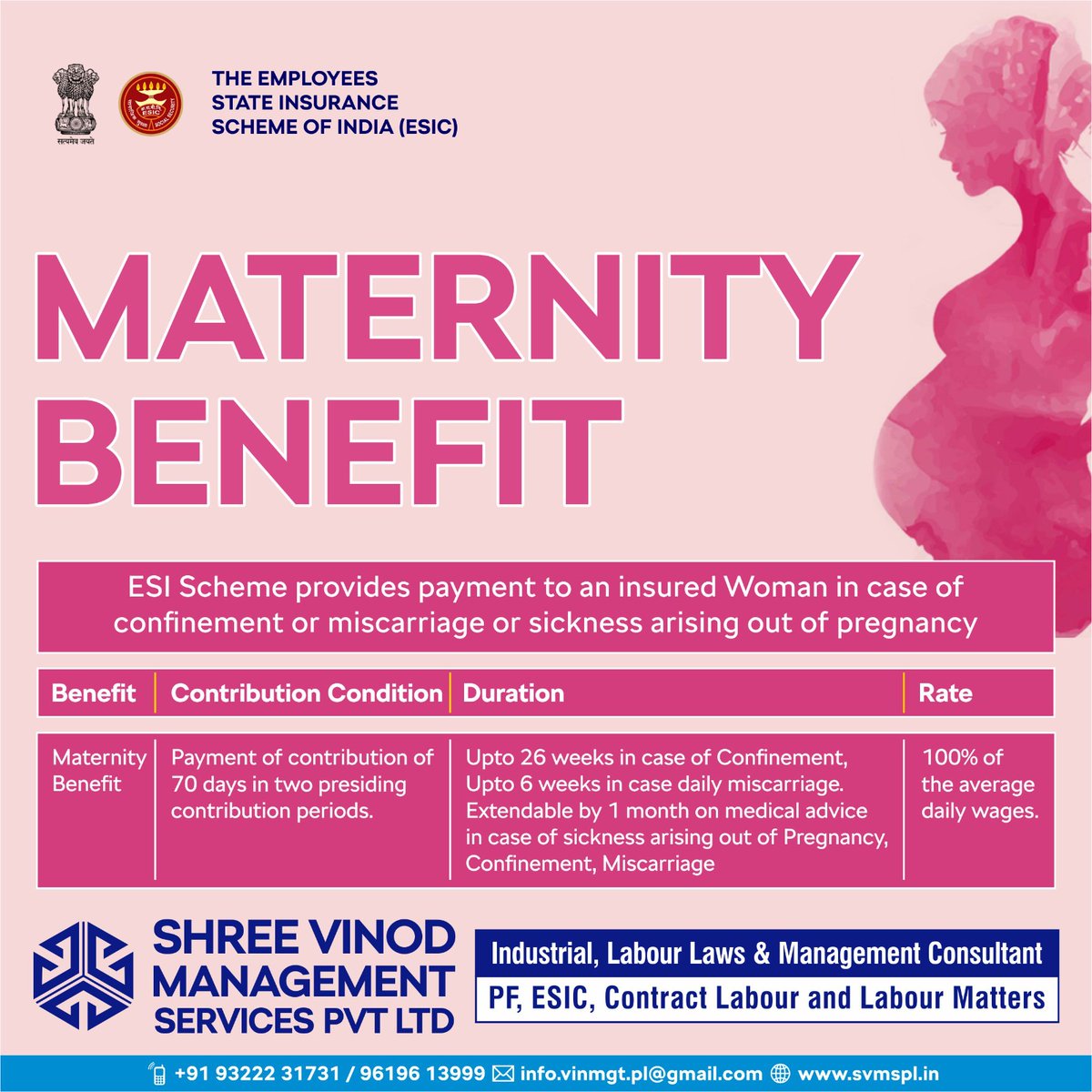 Maternity Benefits !!

#svmspl #business #consultant #maternitybenefits #women #benefits #pregrancy #ESIscheme #india