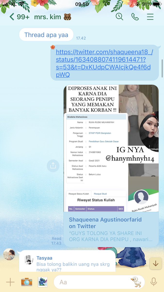 theolympians___'s tweet photo. Jadi disini aku mau ceritain penipuan tiket meet and greet song kang.
Penipuan tiket song kang ini atas nama Ruka Ruski Muhanniyah dia itu mahasiswi dari stkip ppgri bangkalan. Aku udah bayar ke dia 2,7 jt tapi sampe skrg blm dibalikin dan alesannya banyak bgt. https://t.co/opztZ3QwhQ