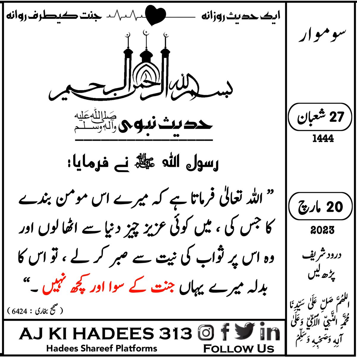AjKeHadees313's tweet photo. حدیث کیلنڈر❣️
27 | شعبان | 1444ھ
20 | مارچ | 2023ء| سوموار
#درود_شریف_پڑھ_لیں
#aj_ki_hadees_313 
#pslfinal #WhatAMATCH https://t.co/Zn9X72oM7H