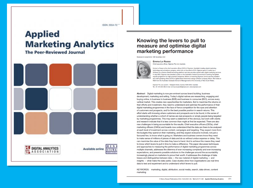 EmmaLoRusso's tweet photo. Excited to share a peer-reviewed paper I've had published in Advanced Marketing Analytics Journal: Knowing which levers to pull to measure &amp; optimize digital marketing performance.  https://t.co/fWwtrCUzT5. @HSP_Journals #DataAnalytics #DigitalMarketing  @Digivizer https://t.co/aYNZwcrbTm