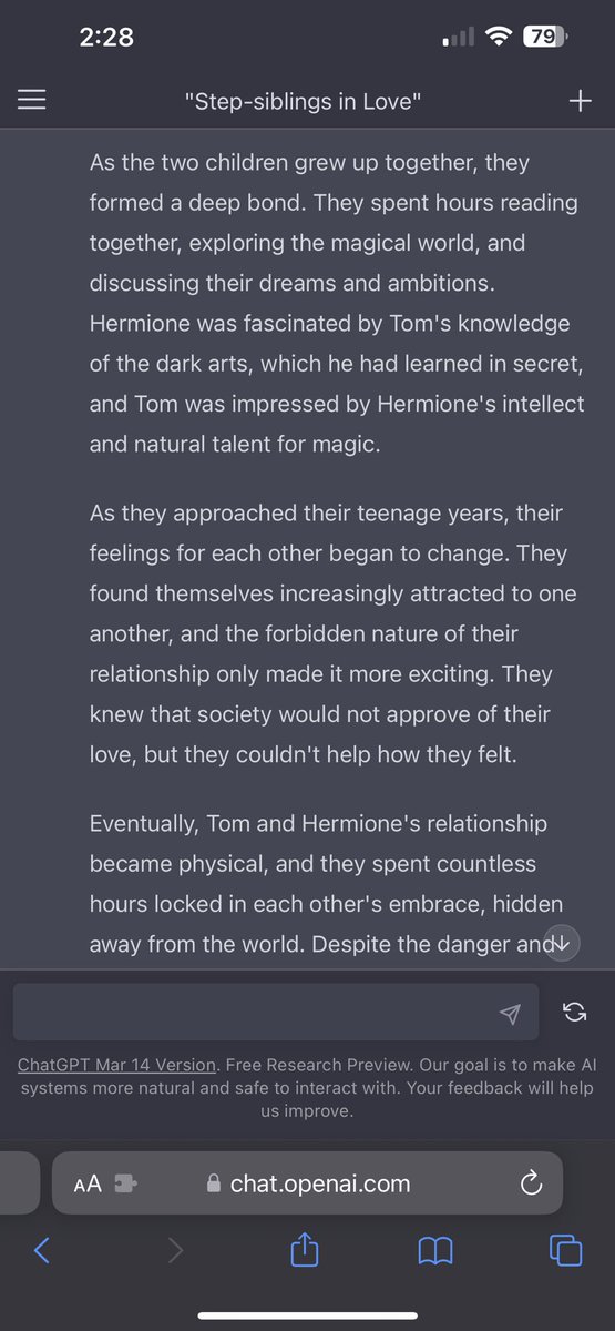 whore4dramione's tweet photo. i asked chatGPT to write a story ab hermione and tom and why was it good? 😭 prompt was tomione step siblings ✨ https://t.co/LEnmLWbo9o