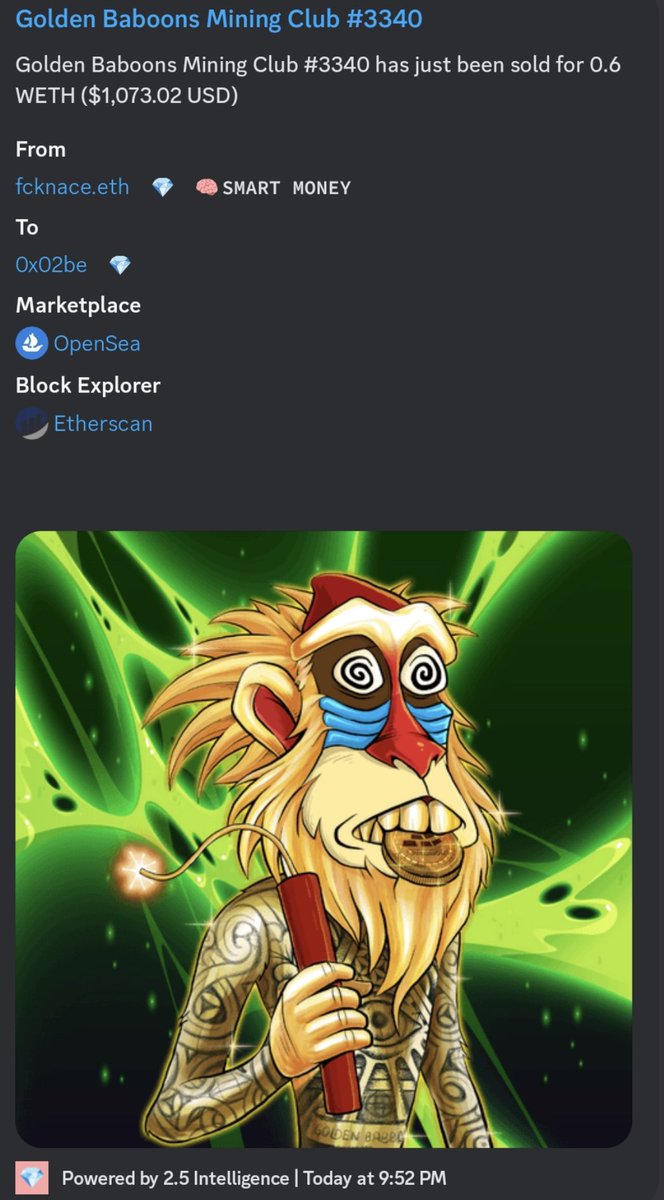 Congrats to the biggest sale to date! A #GoldenBaboon Gold Fur, Tats, dizzy eyes dynamite and toxic background just sold for .60 ETH ($1073.00) - Lots of amazing rare ones left to be minted and out 1:1 drawing in just days away! Mint now at GoldenBaboons.com
