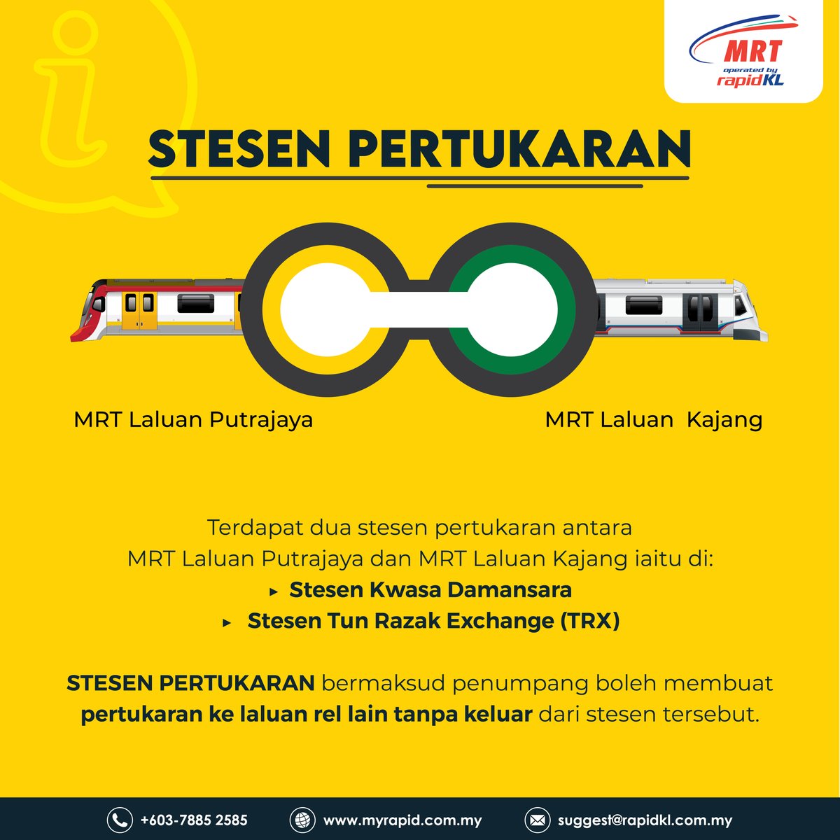askrapidkl's tweet photo. ℹ️Tahukah anda, MRT Laluan Putrajaya 🚈 mempunyai 5️⃣ stesen pertukaran 🔀 di sepanjang laluannya?

#JomNaikMRT #PYLine #RapidKL #KamiBawaAnda @MRTMalaysia https://t.co/bPSIyErnHu
