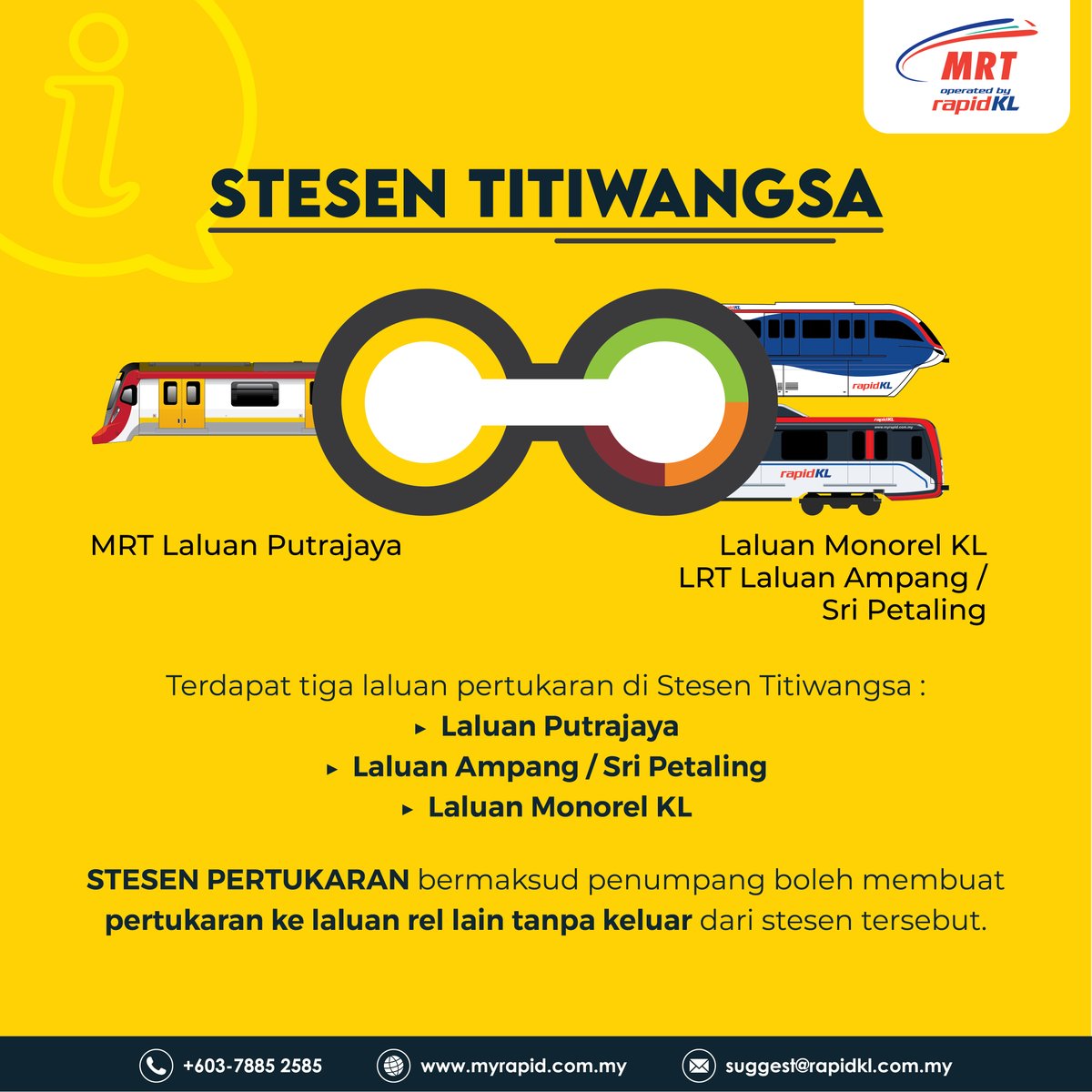 askrapidkl's tweet photo. ℹ️Tahukah anda, MRT Laluan Putrajaya 🚈 mempunyai 5️⃣ stesen pertukaran 🔀 di sepanjang laluannya?

#JomNaikMRT #PYLine #RapidKL #KamiBawaAnda @MRTMalaysia https://t.co/bPSIyErnHu