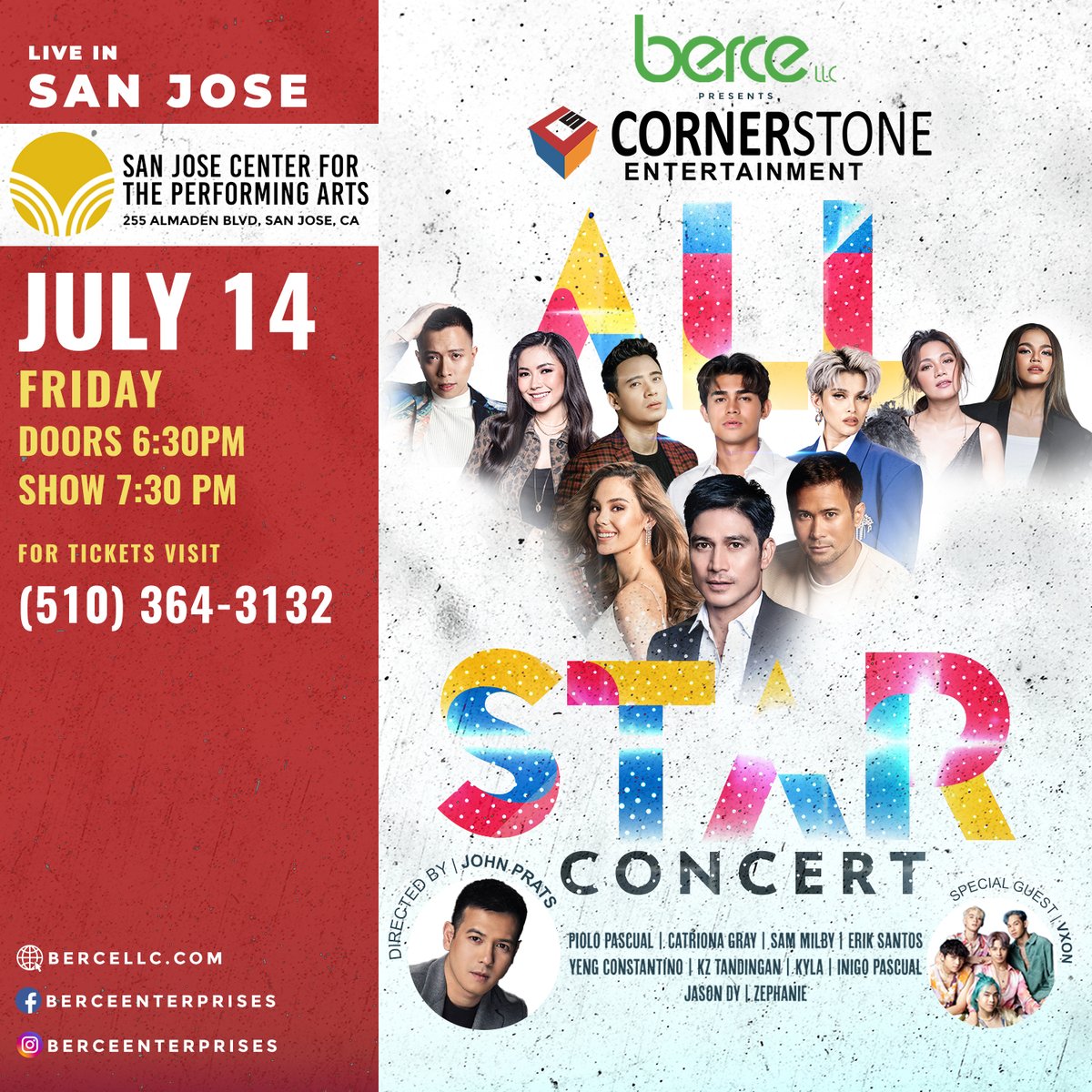 berceenterprise's tweet photo. Berce presents
Cornerstone ALL STAR CONCERT
July 14 at San Jose Center for the Performing Arts
#CornerstoneAllStarConcert #AllStarConcert #Berce #PioloPascual #CatrionaGray #SamMilby #InigoPascual #YengConstantino #eriksantos #KZTandingan #Kyla #JasonDy #Zephanie #JohnPrats #VXON https://t.co/BiDc9iPjet
