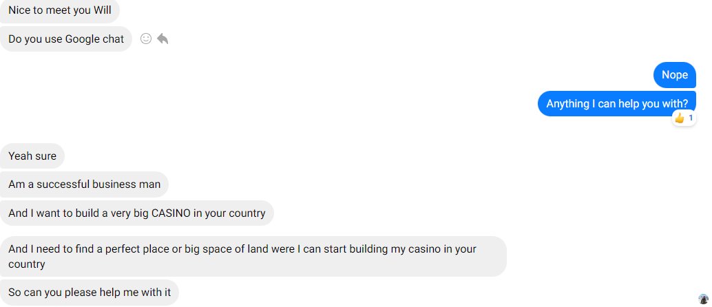 WillWWMT's tweet photo. Anyone have any recs for where this gentlemen can plant his casino? #WeirdDMs #Spam https://t.co/7culWg3TRP