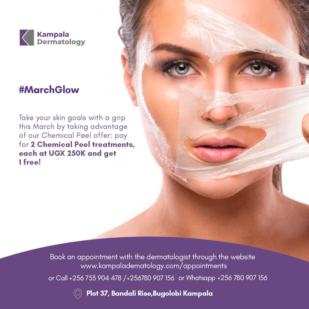 kladermatology's tweet photo. #MarchGlow
Your skin goals are possible this March thanks to our Chemical Peel Offer; pay for 2 Chemical Peels, each at UGX 250,000 & get 1 Free.
๐ Plot 37, Bandali Rise, Bugolobi - Kampala.
#KlaDermatology #chemicalpeel #skincare #skingoals #BBTitans https://t.co/vmDAChwAae