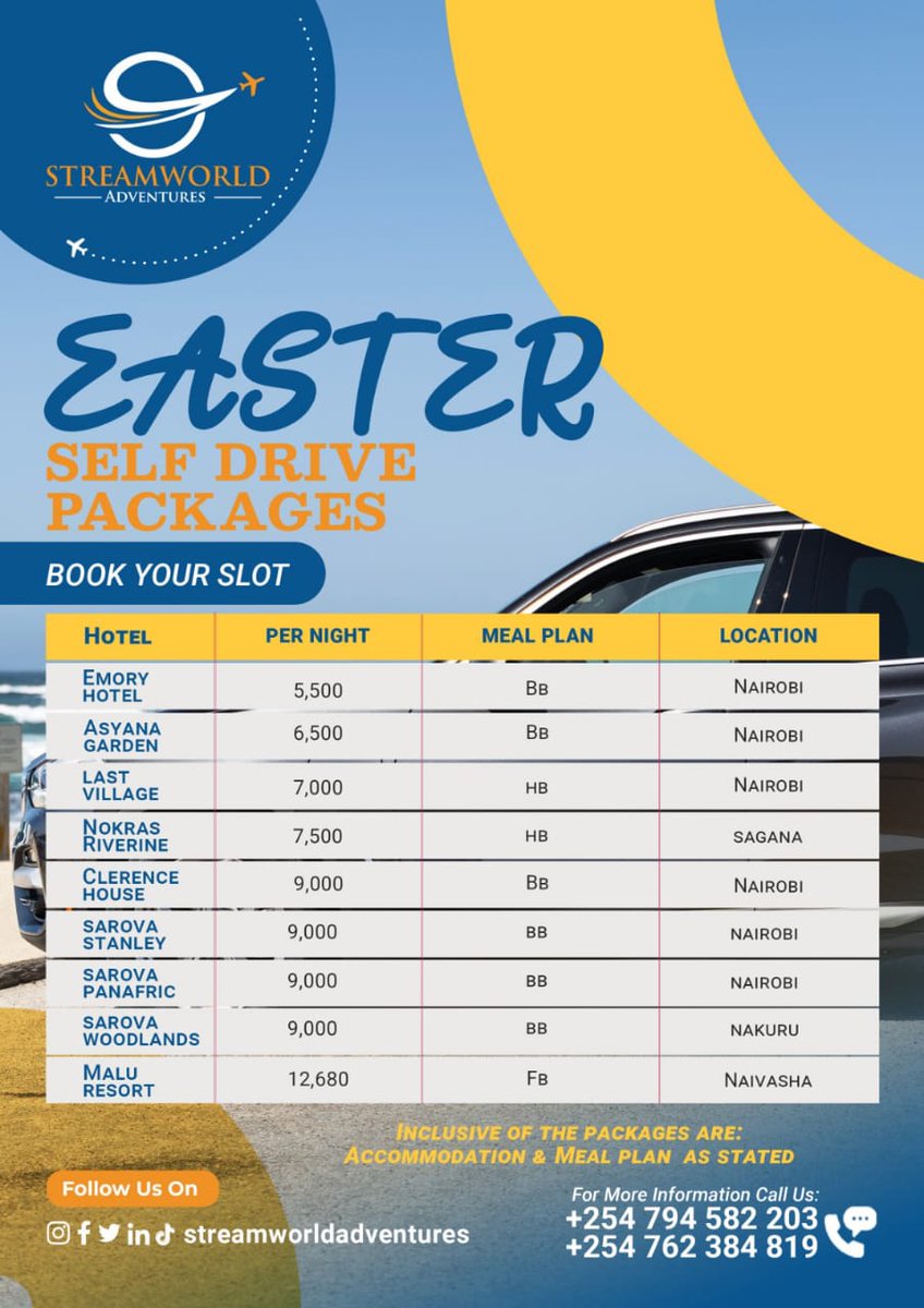 StreamworldA's tweet photo. Book with us self drive parkages 
For more information contact us
0794582203 streamworldadventures@gmail.com

South Africa malema azimio UDA national shutdown Nairobi CBD ledama #mandamano Winnie Odinga mandamano luos Charlene ruto uhuru raila odinga uhuru president naivasha https://t.co/i5IdUixPSL