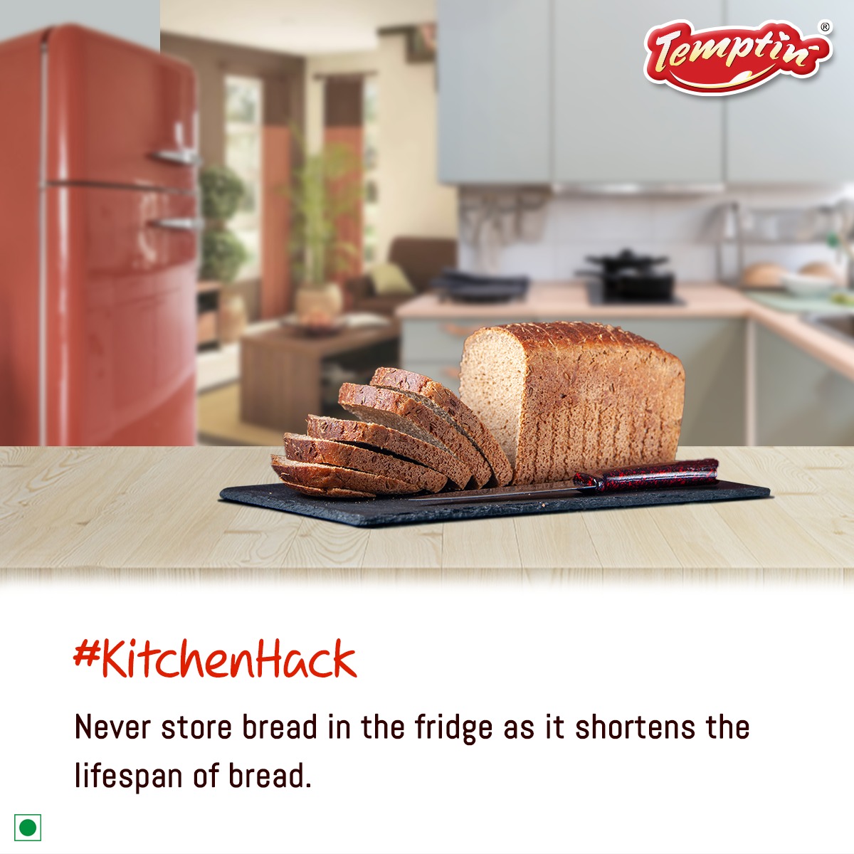 Secure the bread in a paper packing and store it on the counter or a shelf instead. 

#Temptin #KitchenTip #KitchenHack #Bread #StorageTips #Kitchen101 #StorageHack #BreadLife