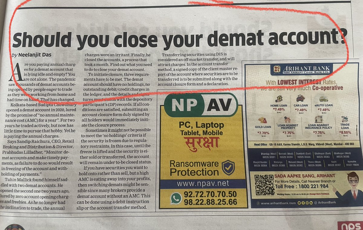 HMview's tweet photo. Headlines :
2021 : Time to open Demat account .
2023 : should you close your demat account?
Welcome to Stock market .
#SochKarSamajKarInvestKar https://t.co/MO5q3DLWVK