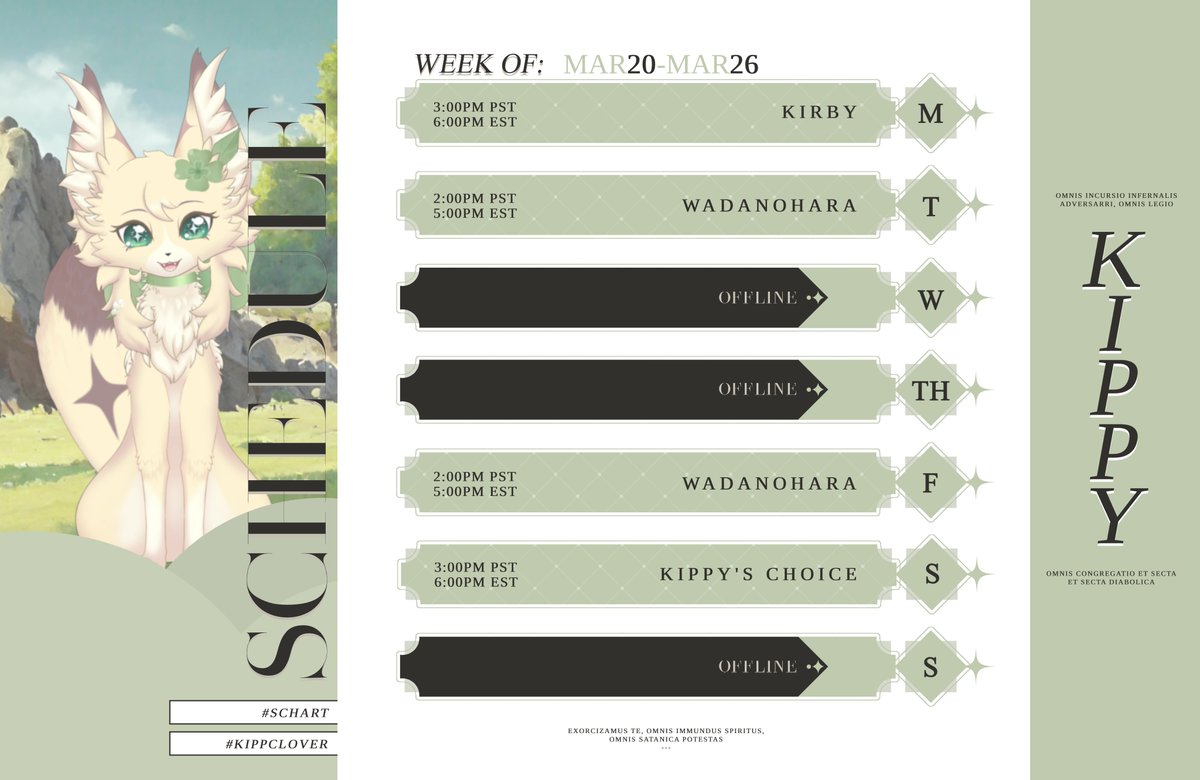 KippClover's tweet photo. 🍀Weekly Schedule: 3/20 - 3/26✨
✧GENERAL: #kippclover
✧ART TAG: #schart
✧KO-FI: https://t.co/SVBDzYoPqs
✧CARRD: https://t.co/YKeMQCdoLY
✧#vtuber✧#ENVtuber✧ #VTuberEN✧
🍀✧https://t.co/wcwpFDKXZM✧✨ https://t.co/XNlTlP7874