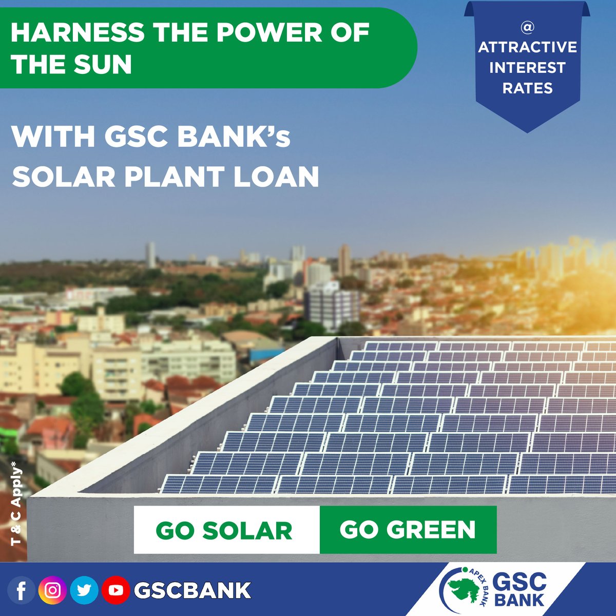 GSCBank's tweet image. Harness The Power of The Sun with GSC BANK's Solar Plant Loan.
#GoSolar #GoGreen #GoEcoFriendly #SaveElectricityBill #GSCB #banking #solarplants #loan #loanapproval #EasyInstallments #loanservices #commercial #domestic #visityournearestbranchtoday