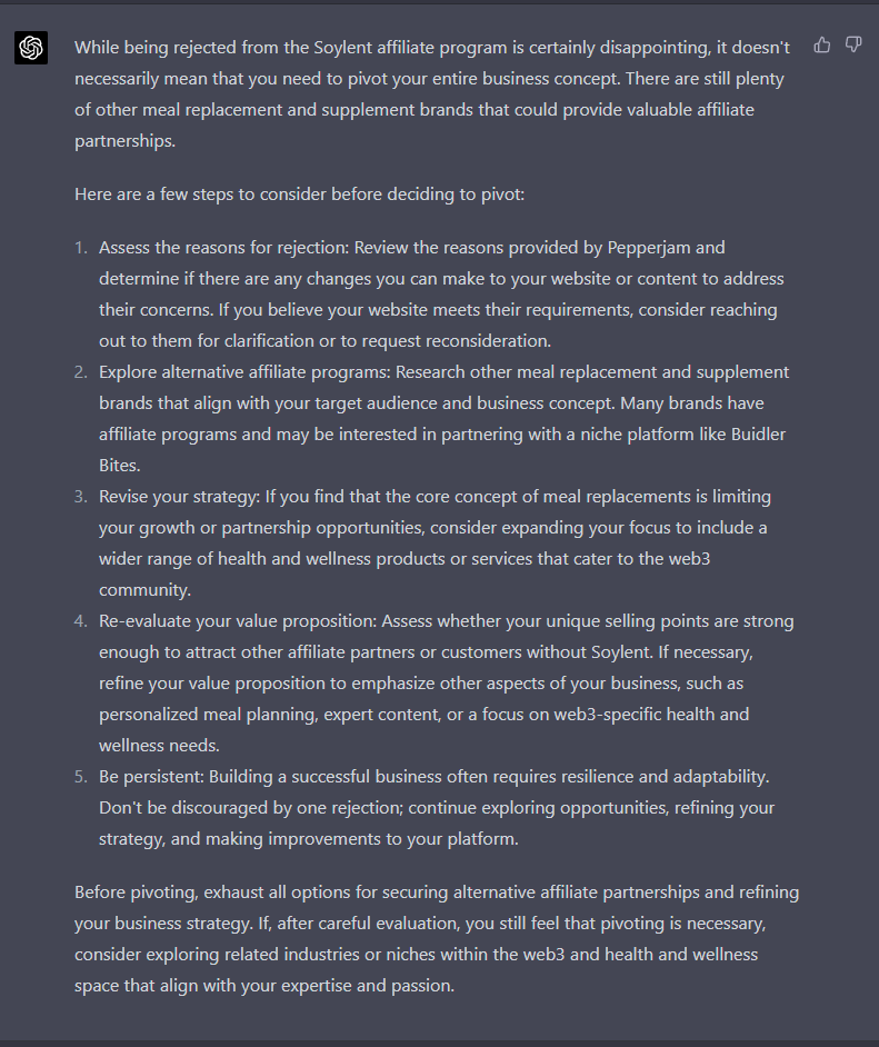 BuidlerBites's tweet photo. Got rejected from the @soylent affiliate program today. I must say, #HustleGPT is more optimistic and even consoling regarding our business plan than I expected. Will be going into Day 4 following the robot's advice. #buildinpublic https://t.co/AmxqLrJ2vs