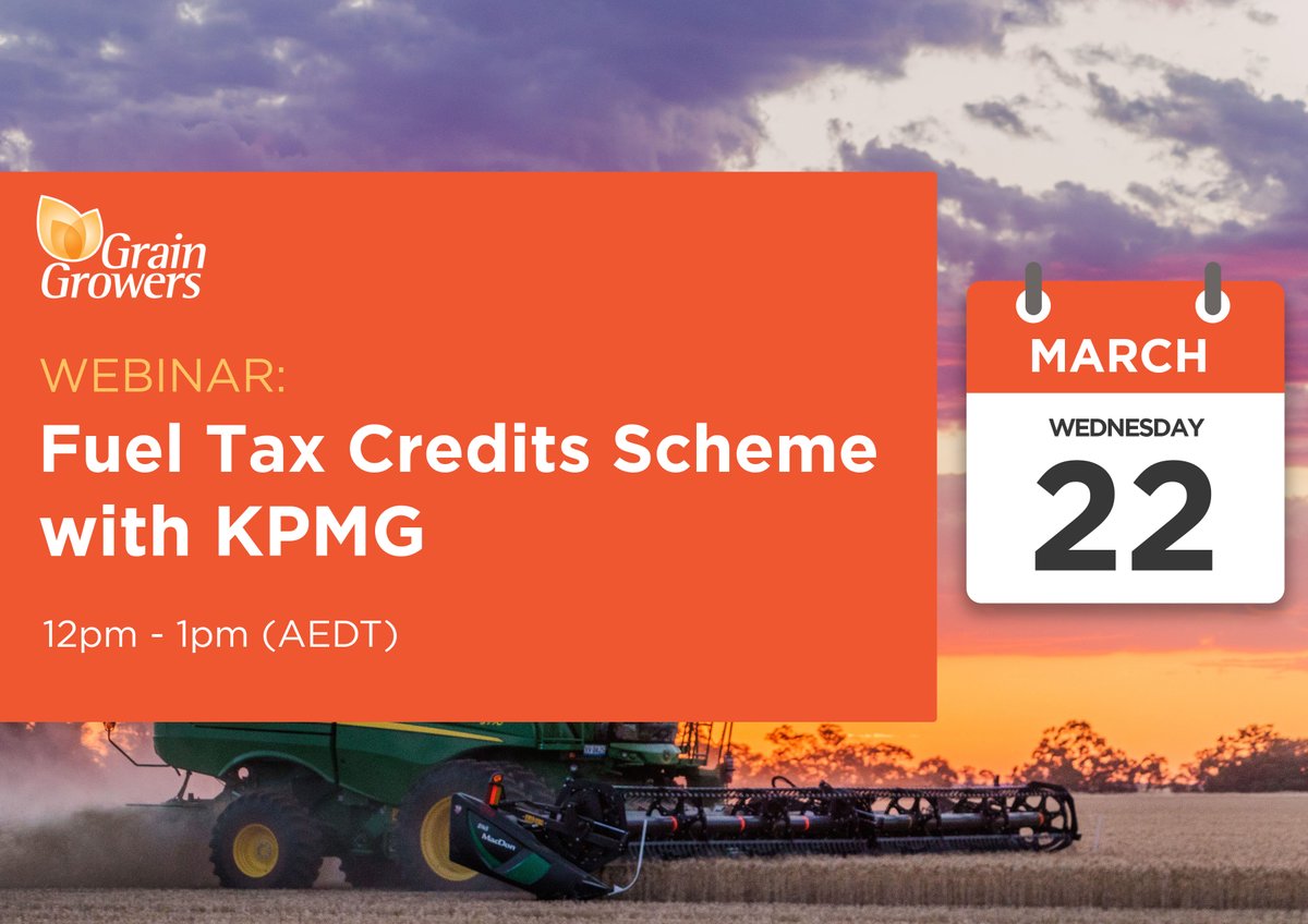 GrainGrowers Fuel Tax Credits Scheme Webinar with <a href="/KPMG/">KPMG</a> is on this Wednesday, 22 March!

Learn how to get the most out of the Fuel Tax Credits scheme with KPMG and ensure you're claiming correctly. 

Register for this free webinar here: bit.ly/3I9KIF6

#ausag #agchatoz