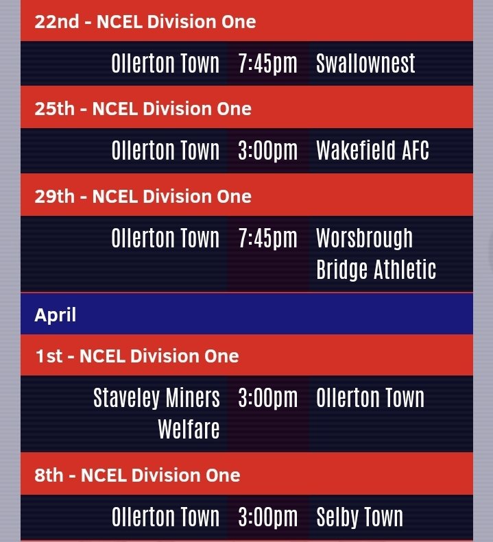 OllertonTownCFC's tweet photo. Five games to go.
Four of them at home. 
Three weeks left.

The end of the season is in sight. 👀🏡 #UpTheTown https://t.co/U1XewiV9IC