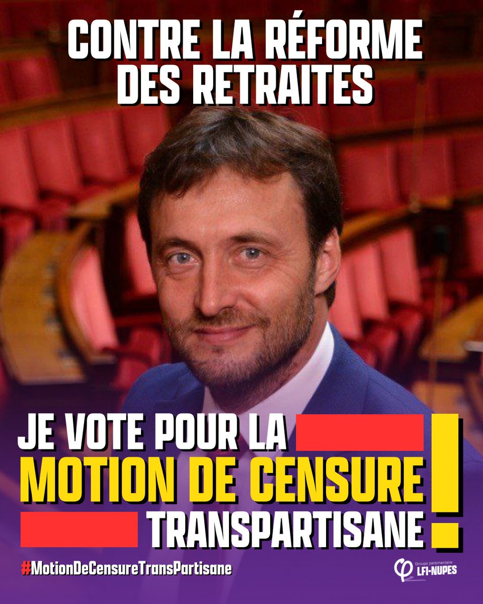 Je voterai cet après-midi la #MotionDeCensureTransPartisane.

Face à l'opposition massive des Français à la #ReformeDesRetraites et au 49.3, prenons nos responsabilités. Faisons tomber à la fois la réforme et le gouvernement !

👉 Débat à suivre dès 16h.