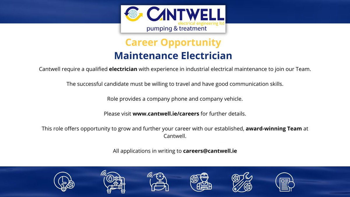 <a href="/CantwellPumps/">Cantwell</a> are #hiring for a #Maintenance #Electrician to join our award-winning #team.
For more details about the role, log on to cantwell.ie/careers
All applications in writing to careers@cantwell.ie 
#jobs #opportunity #careers #service #nationwide #team #cantwell