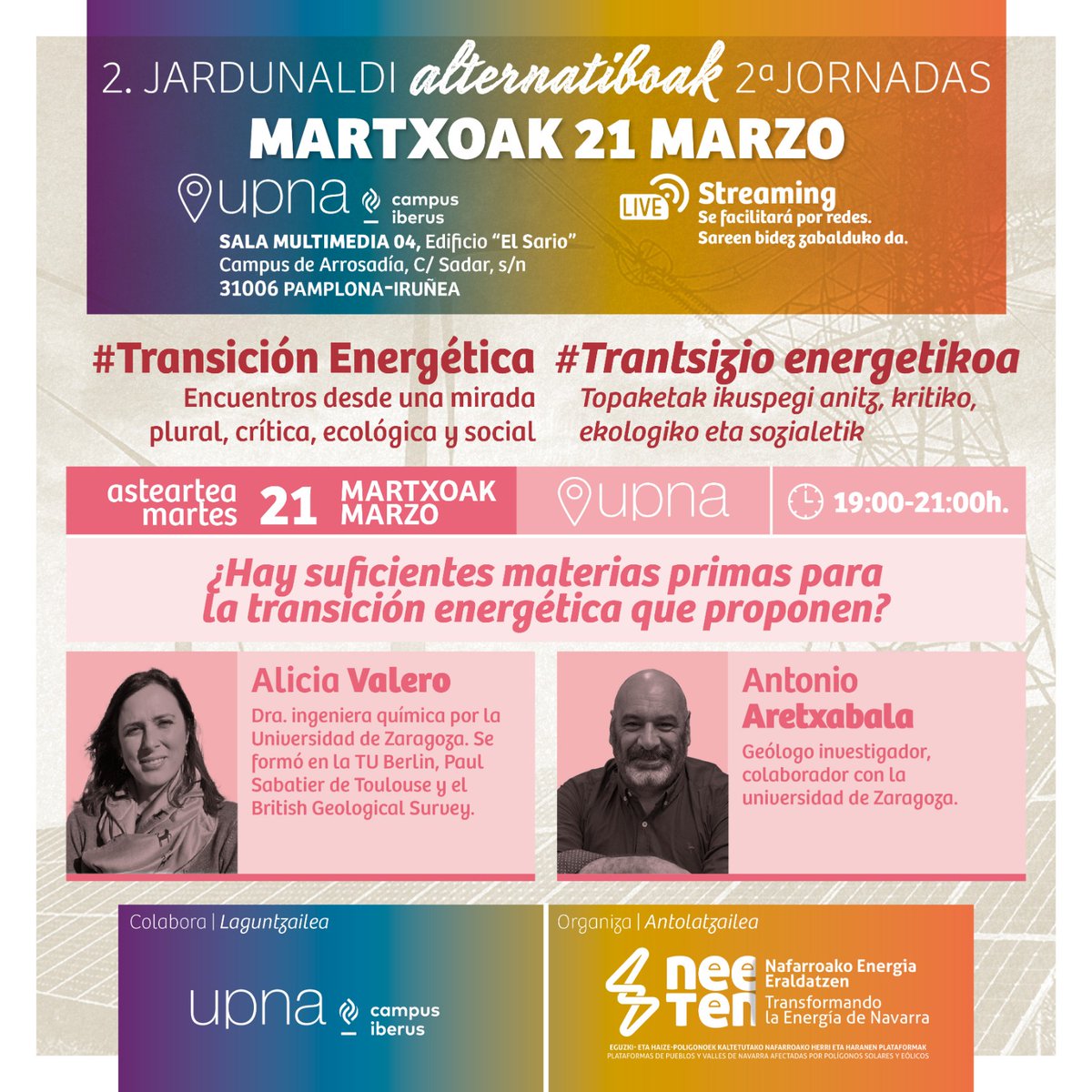 ¿Hay suficientes materias primas para la transición energética que proponen?
21 de marzo, a las 19:00, en la <a href="/UPNA/">meenakshi kaushik</a> edificio El Sario, con la ingeniera química Alicia Valero Delgado y el geólogo Antonio Aretxabala @AAretxaba
Entrada libre o en
unavarra.zoom.us/j/96253663669